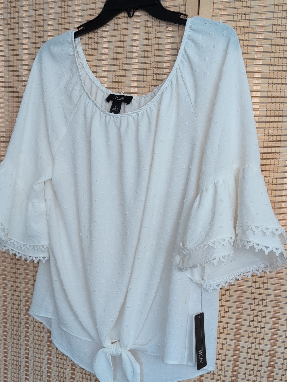 AGB Cream Swiss Dot Tie-Front Bell Sleeve Top